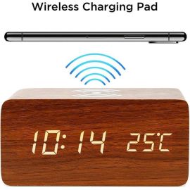 Houten Digitale Wekker met Draadloos Opladen voor Smartphone - Mahonie kleur